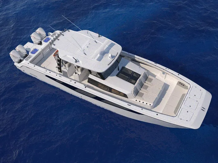 Aquila Molokai 47 Yacht Photos Pics Aquila 47 Molokai 2026 yacht cruising on open blue sea, aerial view.