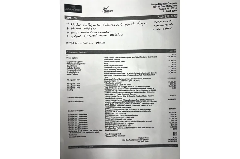  Yacht Photos Pics 2018 Regulator 34 Center Console boat pricing and options sheet with handwritten notes.