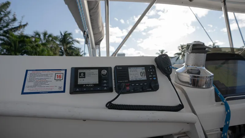  Yacht Photos Pics Control panel on a 2011 Leopard 46 yacht with communication devices and winch.