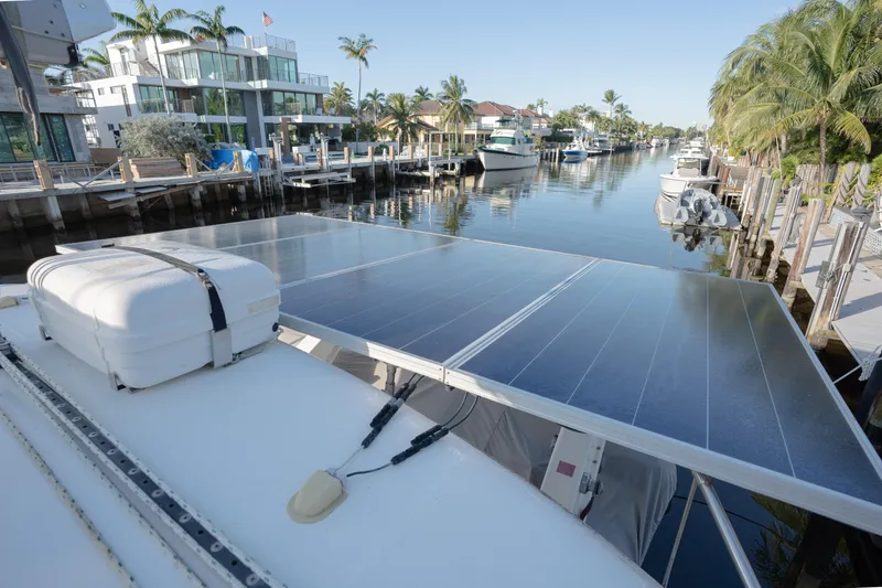  Yacht Photos Pics Solar panels on a Leopard 46 yacht docked in a scenic canal, 2011 model.