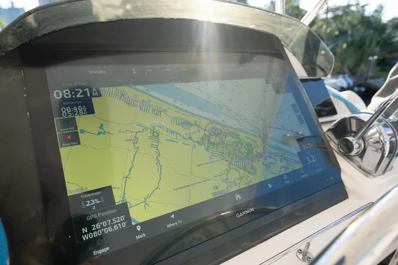  Yacht Photos Pics Navigation display on a 2011 Leopard 46 yacht, showing GPS coordinates and map.