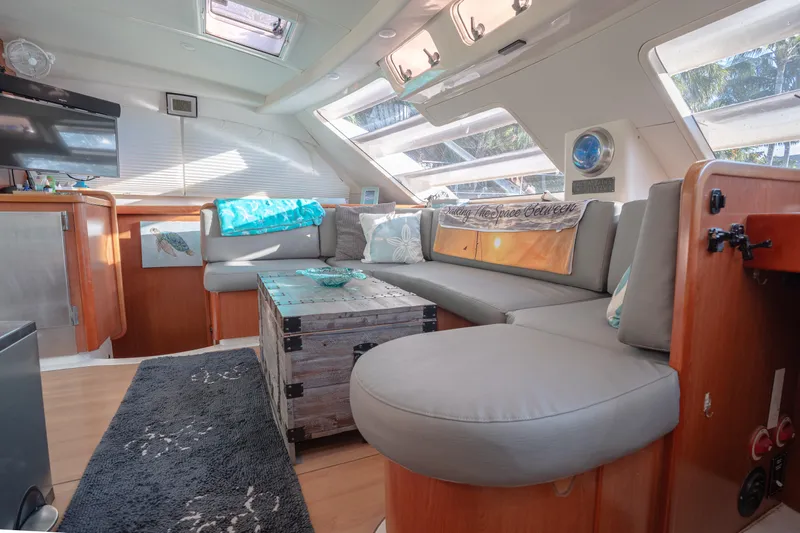  Yacht Photos Pics Luxurious interior of a 2011 Leopard 46 yacht with modern seating and decor.