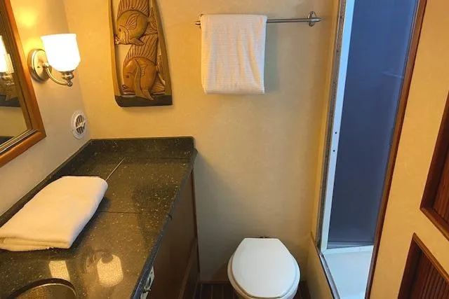 Swamp Fox Yacht Photos Pics Bathroom interior of 1989 Buddy Davis 61 Sportfish yacht with shower and vanity.