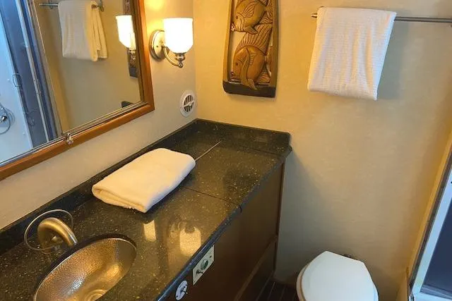 Swamp Fox Yacht Photos Pics Luxurious bathroom in 1989 Buddy Davis 61 Sportfish yacht with elegant fixtures and decor.