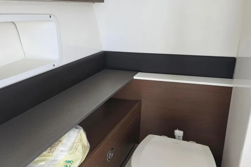  Yacht Photos Pics 2021 Sea Ray SDX 290 Outboard interior with modern bathroom design.