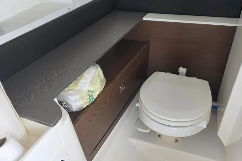  Yacht Photos Pics 2021 Sea Ray SDX 290 Outboard boat bathroom with toilet and storage shelf.