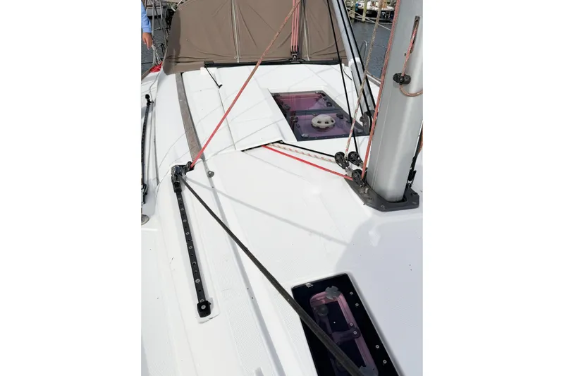 Take Five Yacht Photos Pics Deck view of 2013 Jeanneau Sun Odyssey 409 sailboat with rigging and hatch details.