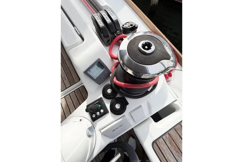 Take Five Yacht Photos Pics Jeanneau Sun Odyssey 409 sailboat deck with winch and control panel, 2013 model.