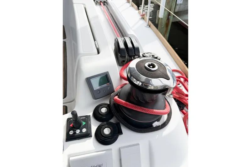 Take Five Yacht Photos Pics Jeanneau Sun Odyssey 409 sailboat deck with winch and control panel, 2013 model.