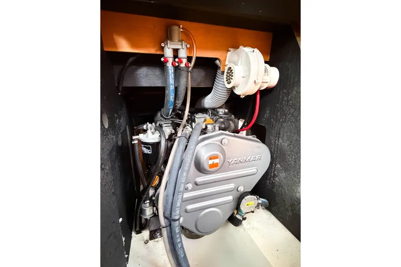Take Five Yacht Photos Pics Engine compartment of 2013 Jeanneau Sun Odyssey 409 sailboat with Yanmar engine.