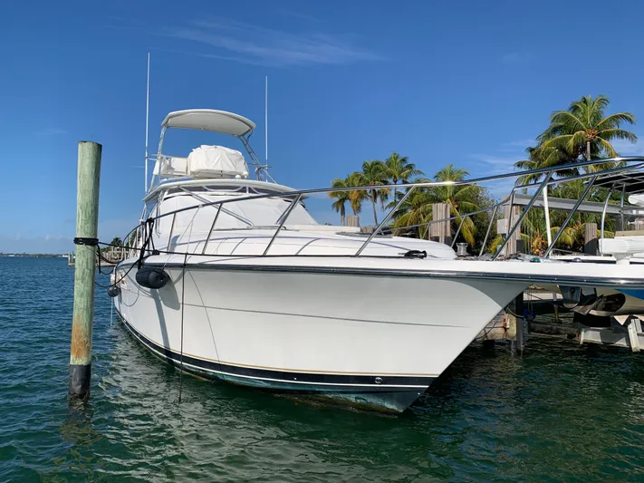  Yacht Photos Pics 1999 Tiara Yachts 43 Open docked in sunny marina with palm trees.