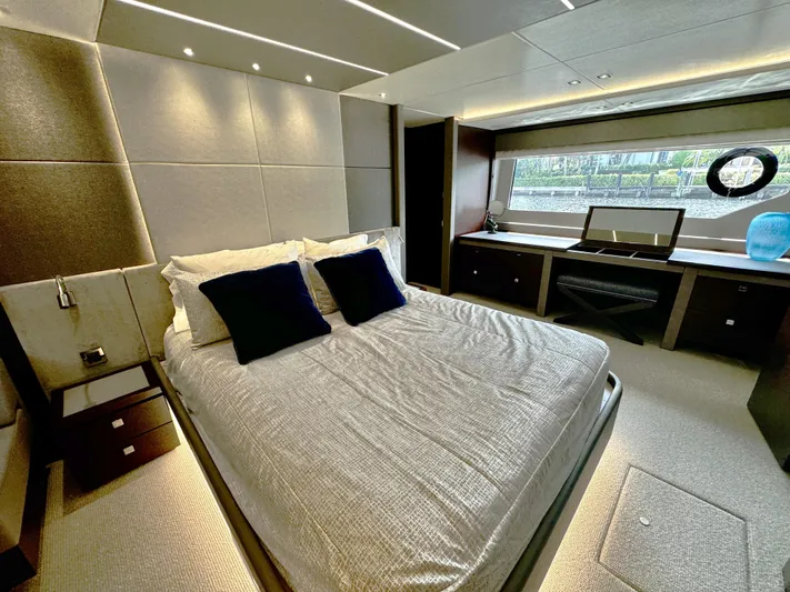 Journey Yacht Photos Pics Luxurious bedroom interior of 2019 Sunseeker 76 Yacht with modern design and large window.