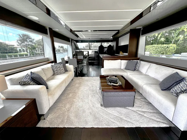 Journey Yacht Photos Pics Luxurious interior of a 2019 Sunseeker 76 Yacht with elegant seating and modern decor.