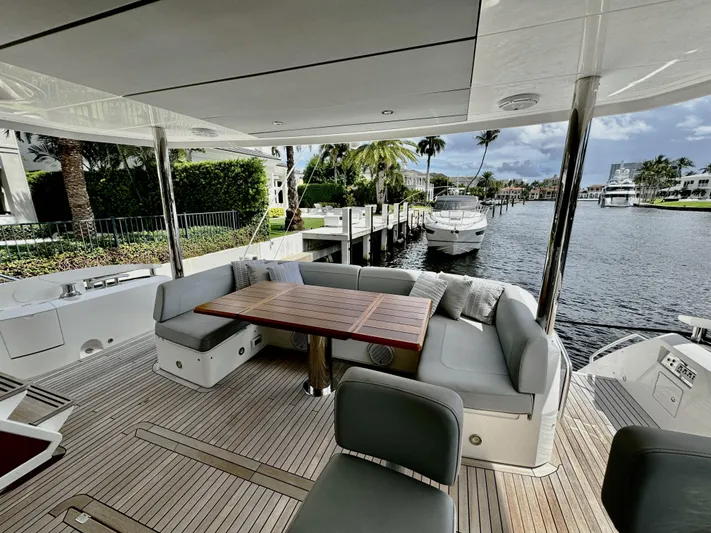 Journey Yacht Photos Pics Luxurious 2019 Sunseeker 76 Yacht with elegant outdoor seating and scenic waterfront view.