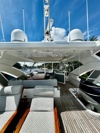 Journey Yacht Photos Pics Luxurious 2019 Sunseeker 76 Yacht with spacious deck and elegant seating under clear blue skies.