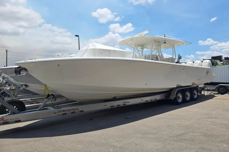 Seavee Yacht Photos Pics 2017 SeaVee 390Z boat on trailer under blue sky.
