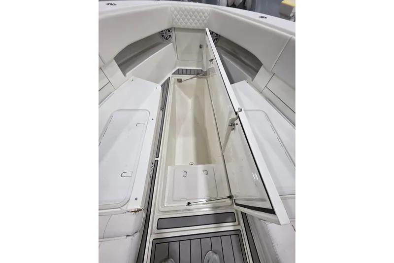 Seavee Yacht Photos Pics 2017 SeaVee 390Z boat interior with open storage compartment.