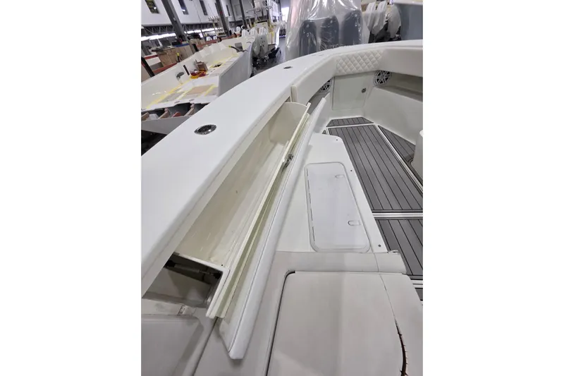 Seavee Yacht Photos Pics 2017 SeaVee 390Z boat interior with storage compartment and sleek design.
