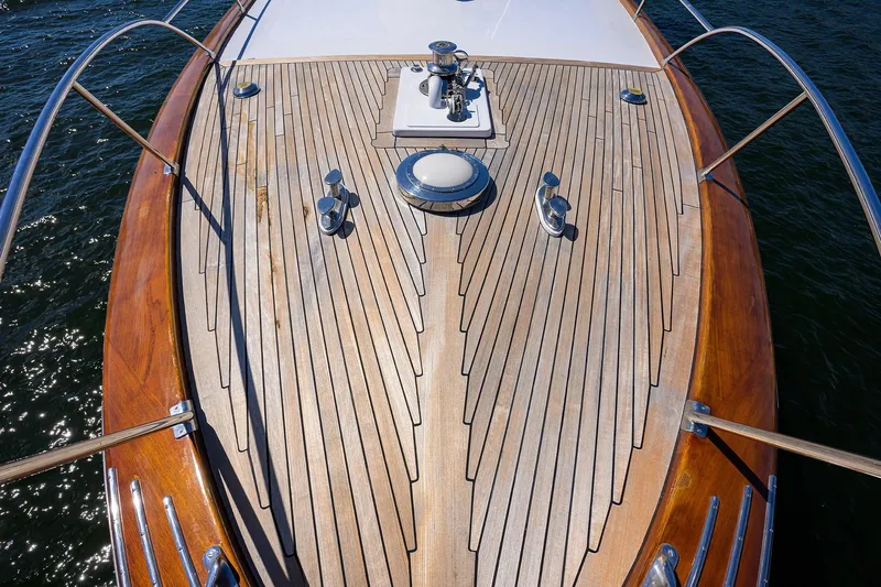  Yacht Photos Pics 1985 Feadship Yacht Fisherman deck with teak wood finish and chrome fittings.
