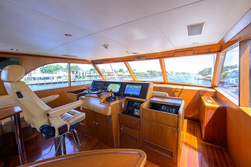  Yacht Photos Pics Luxurious 1985 Feadship Yacht Fisherman helm with modern navigation equipment and panoramic views.
