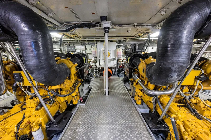  Yacht Photos Pics Engine room of 1985 Feadship Yacht Fisherman with dual Caterpillar engines.