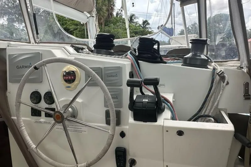 Waterlilly Yacht Photos Pics Helm of 2017 Fountaine Pajot Lucia 40 catamaran with Garmin navigation equipment.
