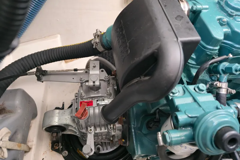 Waterlilly Yacht Photos Pics Engine compartment of a 2017 Fountaine Pajot Lucia 40 catamaran, showcasing mechanical components.