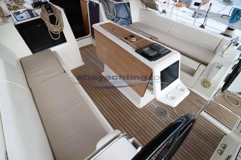  Yacht Photos Pics 2018 Dufour 412 Grand Large yacht cockpit with teak flooring and seating area.