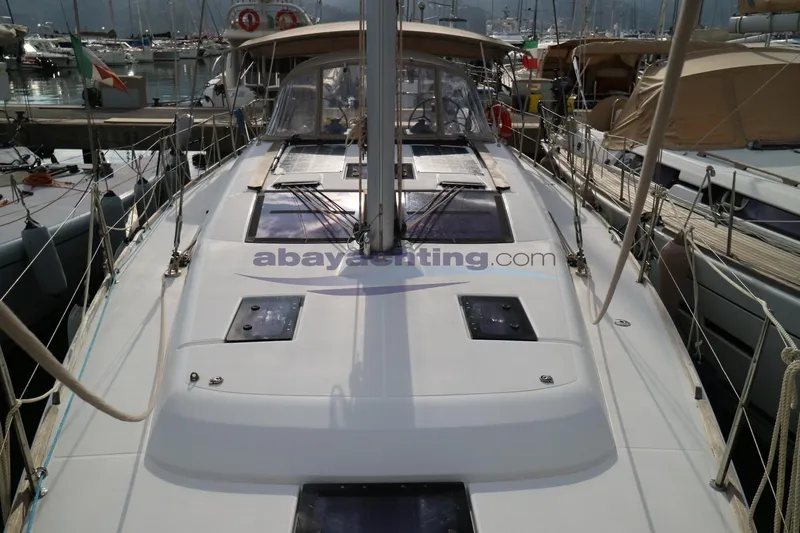  Yacht Photos Pics 2018 Dufour 412 Grand Large sailboat docked in marina, view of deck and rigging.