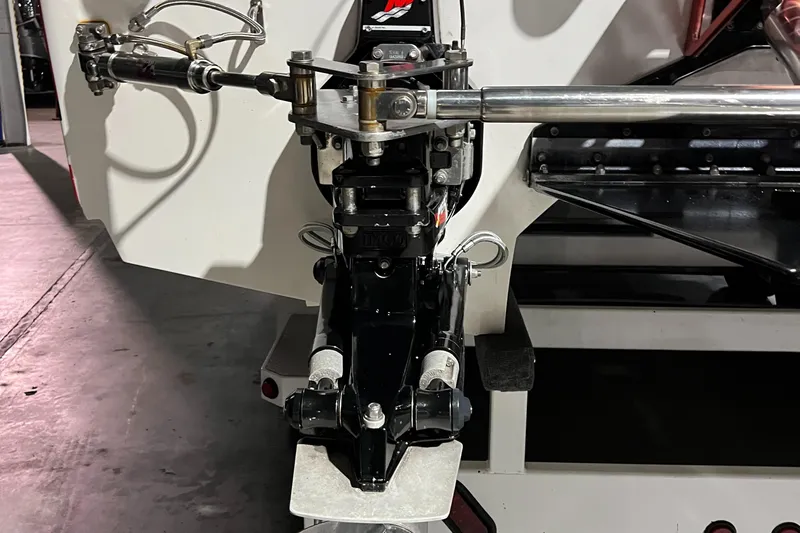  Yacht Photos Pics Close-up of 2004 Spectre 36 Cat boat's steering mechanism and hydraulic system.