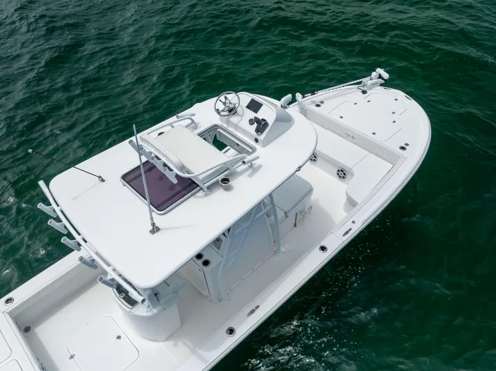  Yacht Photos Pics Aerial view of 2023 Canyon Bay 28h boat on water.