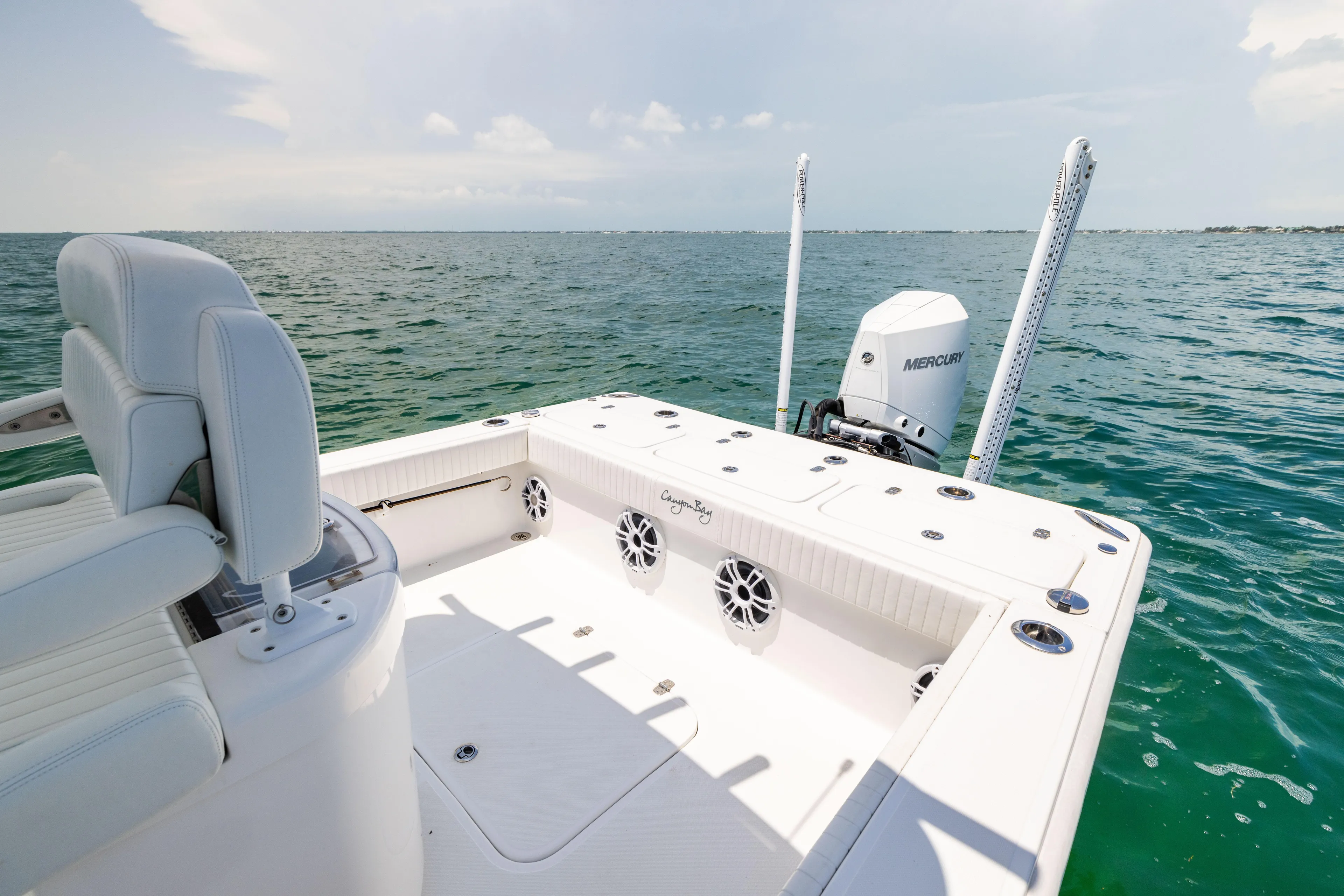  Yacht Photos Pics 2023 Canyon Bay 28h boat on open water, featuring spacious deck and modern design.