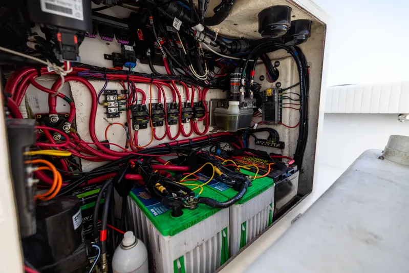  Yacht Photos Pics 2023 Canyon Bay 28h boat electrical system with batteries and wiring.