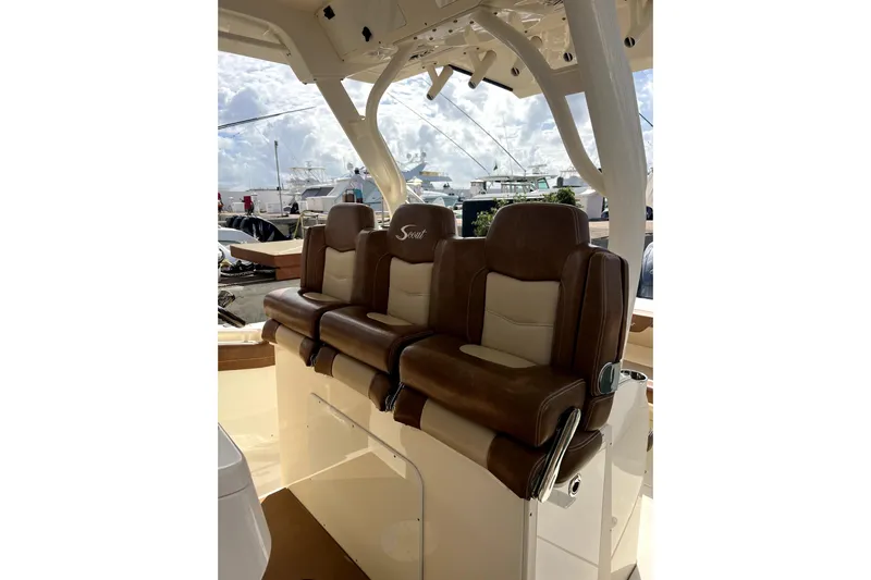 Bachita Yacht Photos Pics 2023 Scout 355 LXF boat with luxurious brown leather seating.