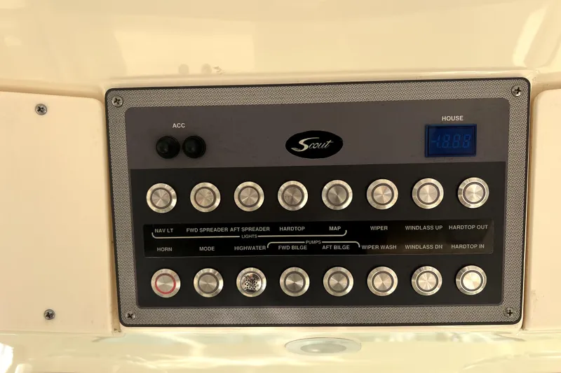 Bachita Yacht Photos Pics 2023 Scout 355 LXF control panel with buttons and digital display.