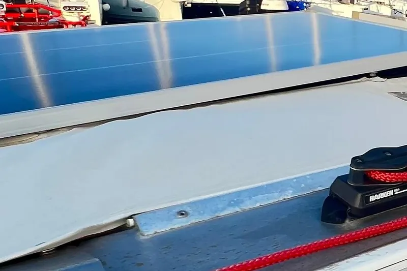 1754 Yacht Photos Pics Solar panel and rigging on 2004 Hunter 426 Owners Version sailboat deck.