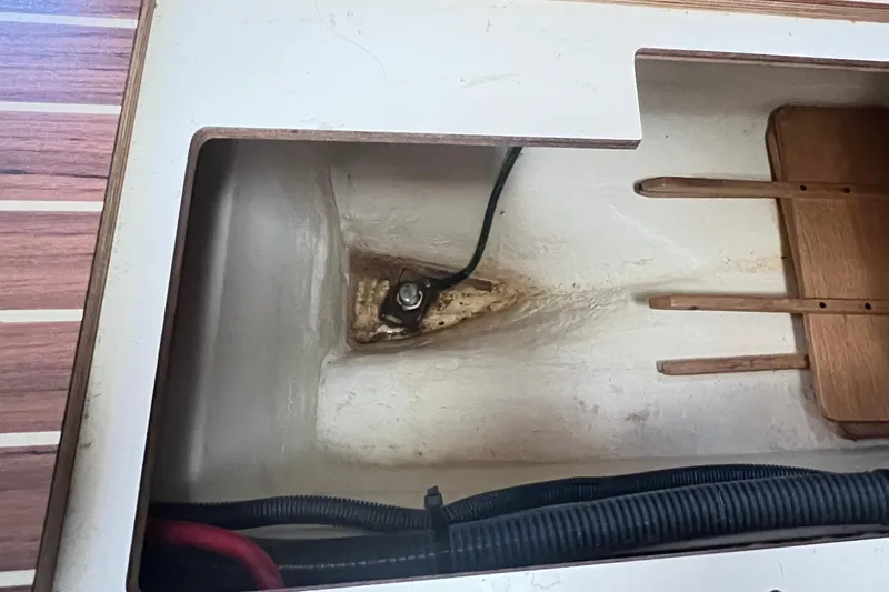 1754 Yacht Photos Pics Interior view of a 2004 Hunter 426 Owners Version sailboat, showcasing wiring and woodwork.