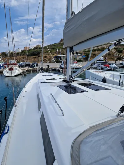  Yacht Photos Pics 2020 Hanse 508 sailboat docked in a marina, showcasing sleek deck design.