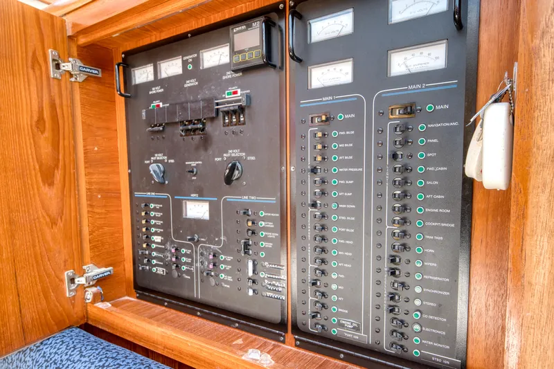 Radiant Yacht Photos Pics Electrical control panel on a 1991 Californian 48 Sundeck Motor Yacht.
