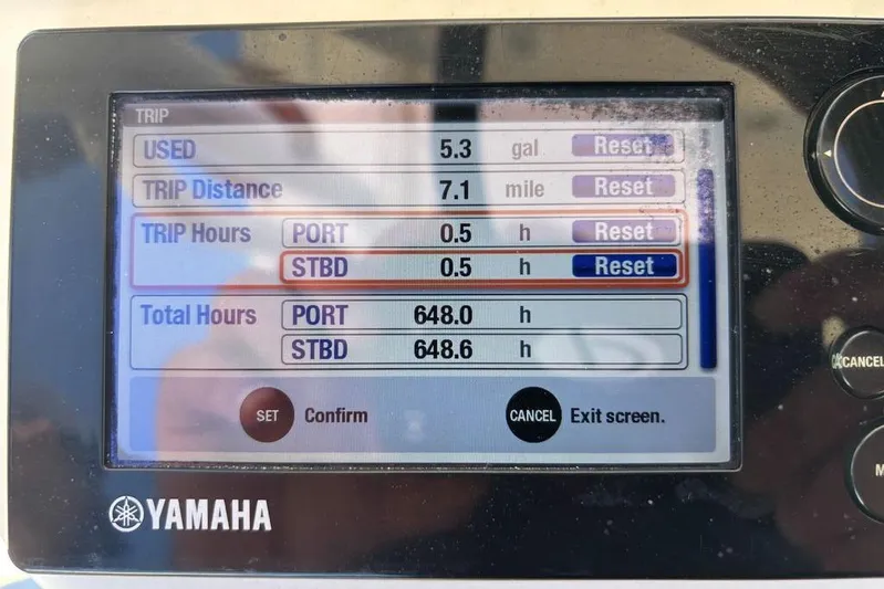  Yacht Photos Pics Yamaha display showing trip data for 2014 Pursuit C 310 Center Console boat.