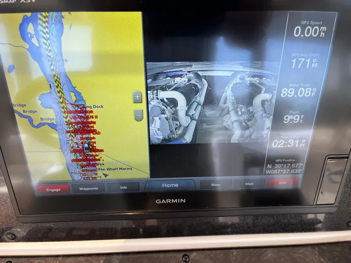 Greatest Escape Yacht Photos Pics Garmin navigation display on 2006 Sea Ray 58 Sedan Bridge showing map and engine data.
