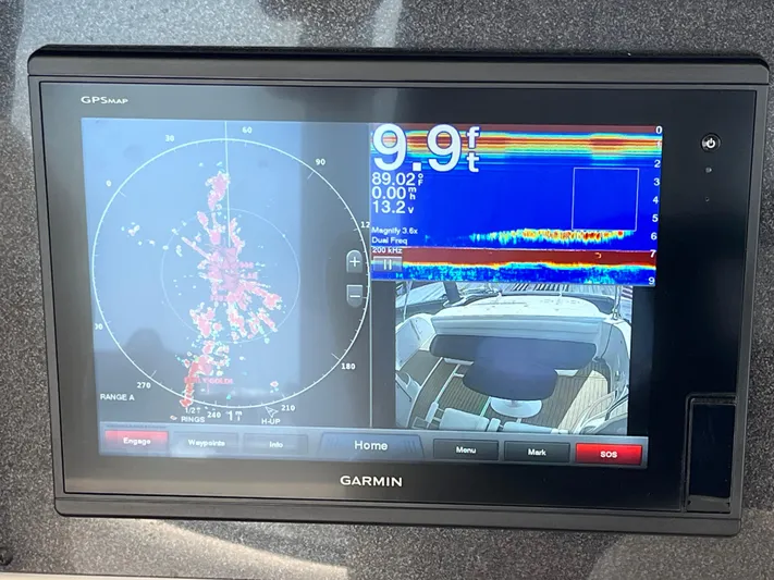 Greatest Escape Yacht Photos Pics Garmin GPS display on 2006 Sea Ray 58 Sedan Bridge showing radar and sonar data.