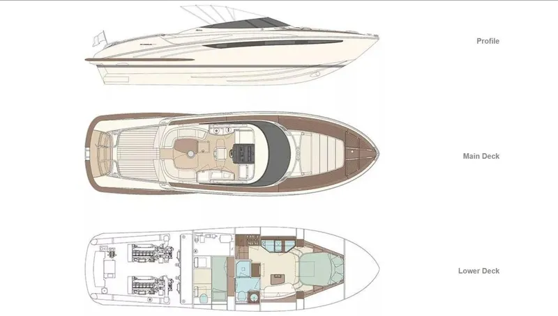 Lady D Yacht Photos Pics 2015 Riva Rivarama Super yacht layout: profile, main deck, and lower deck views.