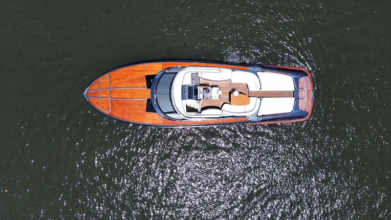 Lady D Yacht Photos Pics Aerial view of a 2015 Riva Rivarama Super yacht on water.