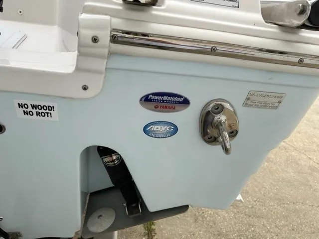Middle Man Yacht Photos Pics 2019 Sea Fox 328 Commander boat detail with Yamaha and ABYC certification stickers.