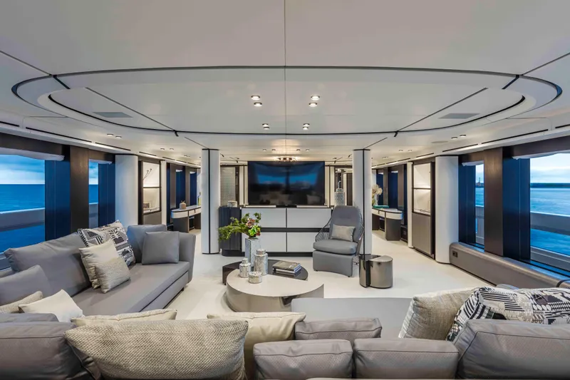 X130 Triplex Yacht Photos Pics Luxurious interior of the 2026 Extra X130 TRIPLEX yacht with modern furnishings and ocean views.