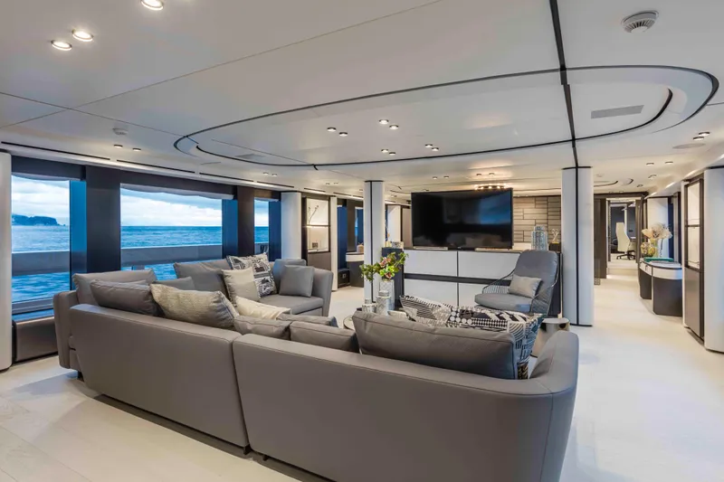 X130 Triplex Yacht Photos Pics Luxurious interior of the 2026 Extra X130 TRIPLEX yacht with ocean view.