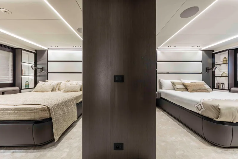 X130 Triplex Yacht Photos Pics Luxurious interior of the 2026 Extra X130 TRIPLEX yacht with two elegant bedrooms.