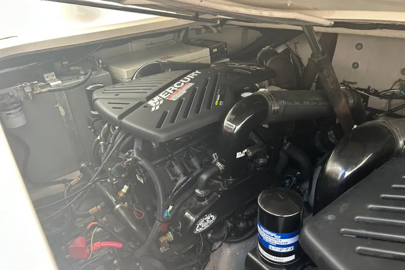 Whataboat Yacht Photos Pics Engine compartment of a 2005 Sea Ray 360 Sundancer with Mercury engine.