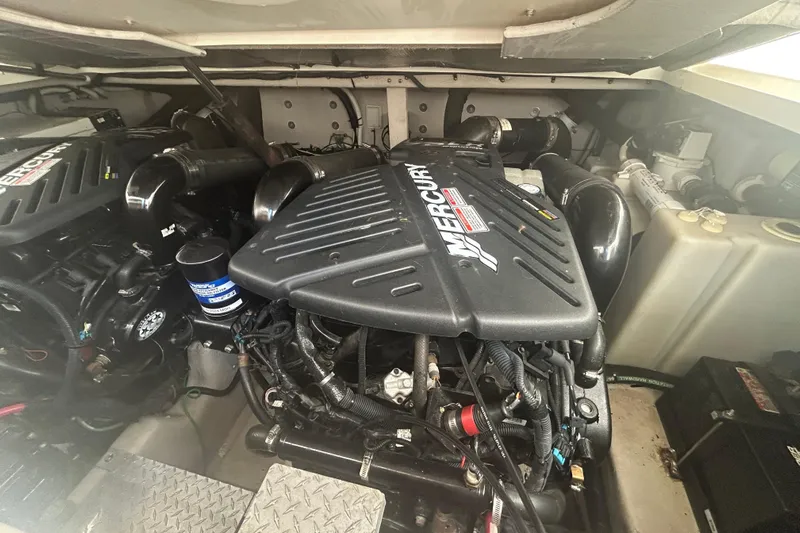 Whataboat Yacht Photos Pics Engine compartment of a 2005 Sea Ray 360 Sundancer with Mercury engines.
